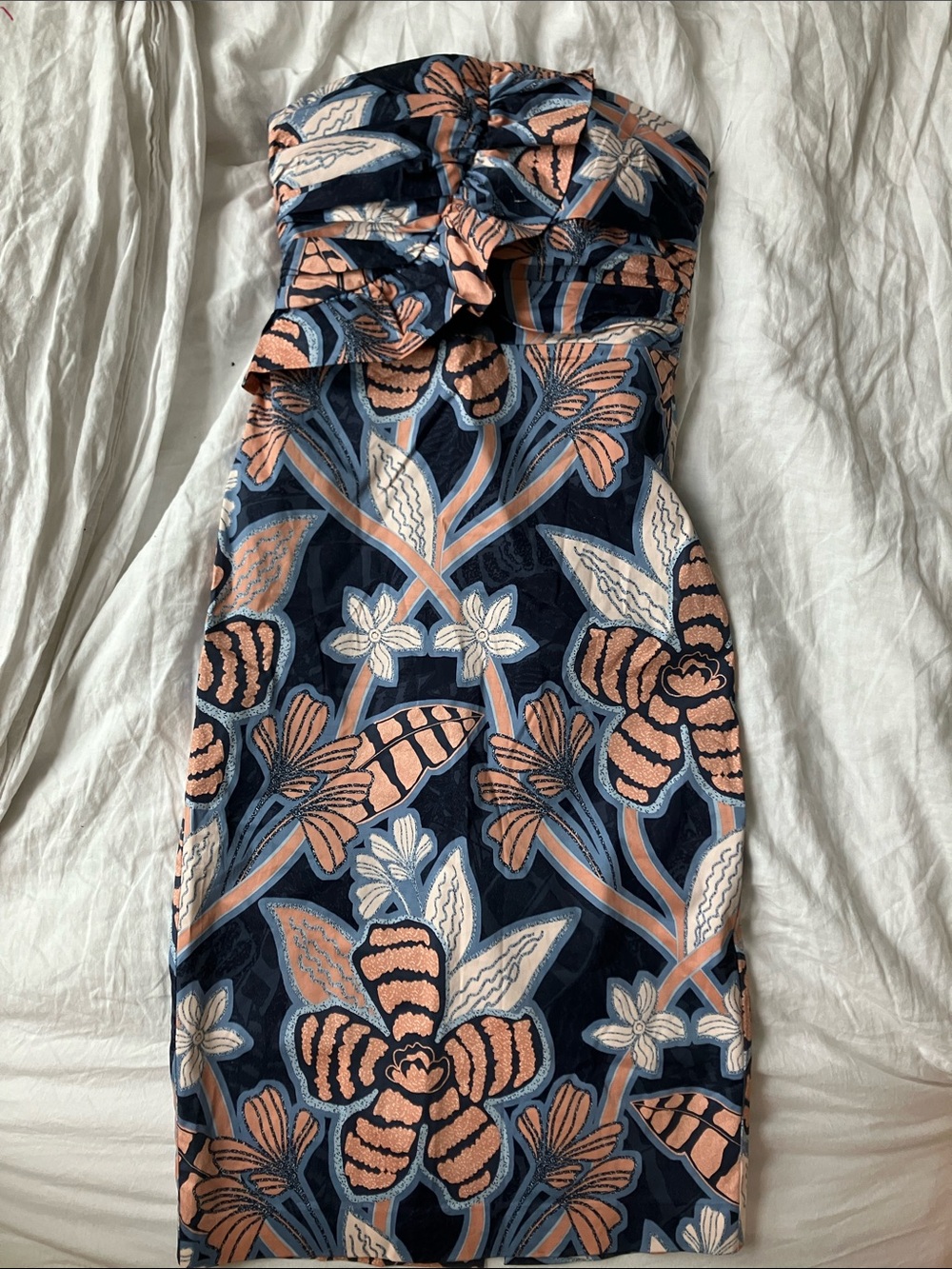 White House Black Market Strapless Navy Floral Sheath Dress with Peach Accents